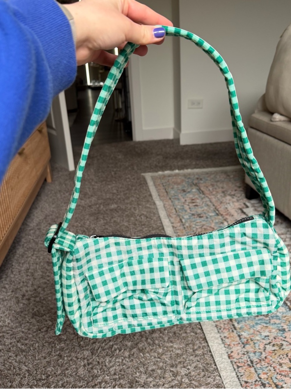 Baggu Green White Gingham Cargo Shoulder Bag - Picture 2 of 6
